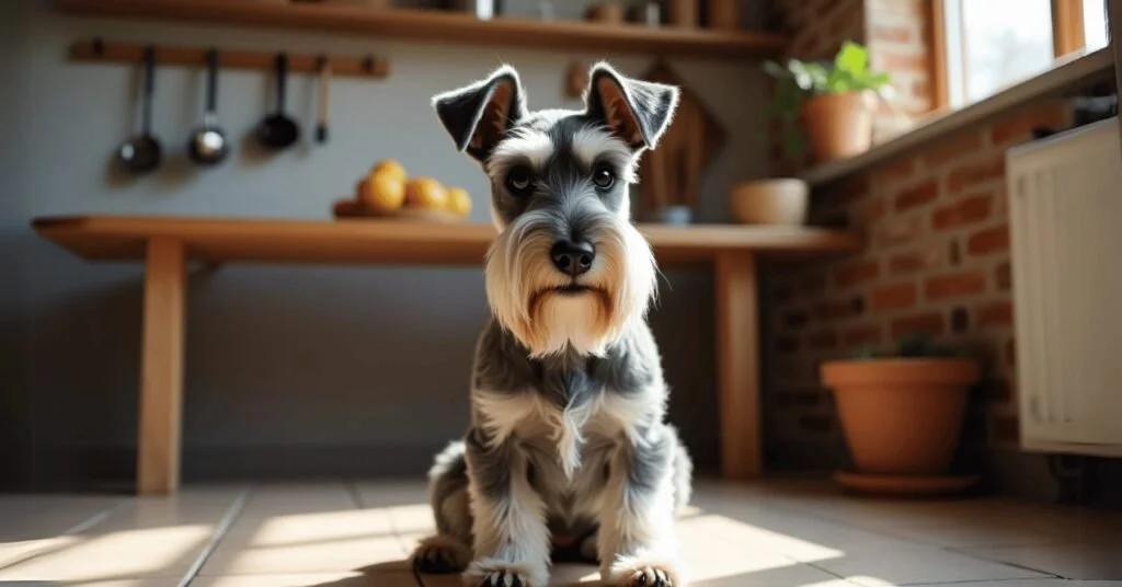 A salt-and-pepper Miniature Schnauzer sits proudly on a tiled floor in a rustic farmhouse kitchen.