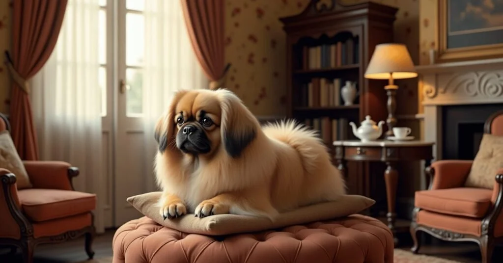 Pekingese with a long golden coat lounging on a velvet cushion in a vintage-style living room with warm lighting and elegant, cozy furnishings.