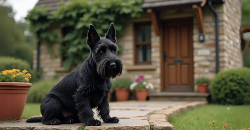 A Scottish Terrier with a coarse black coat sits on stone steps in front of a charming countryside cottage.