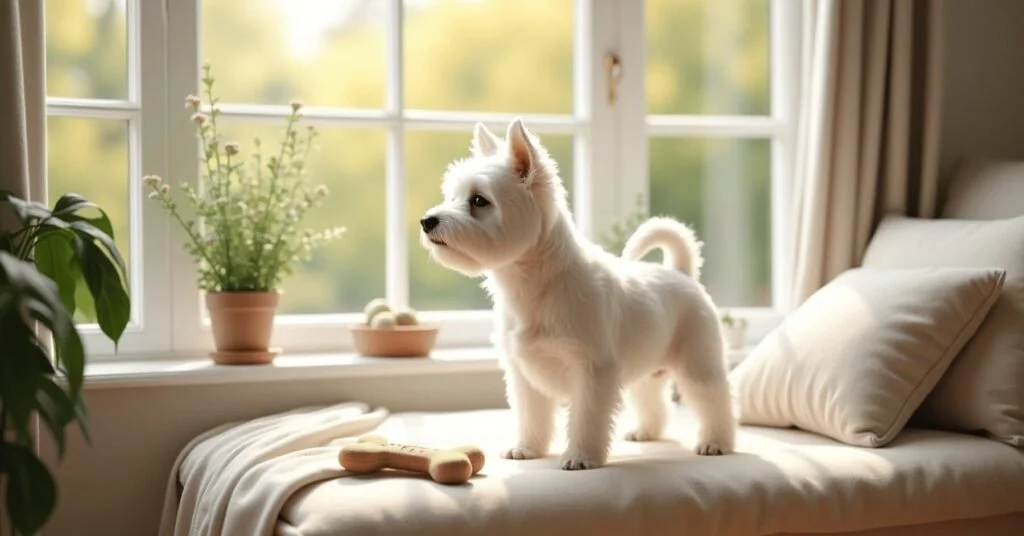 West Highland White Terrier standing on a cozy window seat, looking outside with curiosity in a bright, plant-filled room with soft natural light.