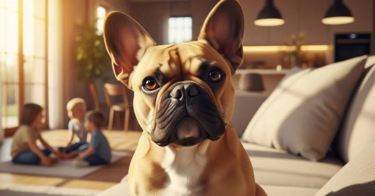 French Bulldog sitting on a living room couch with sunlight.