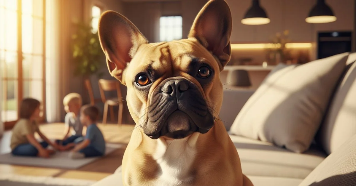 French Bulldog sitting on a living room couch with sunlight.