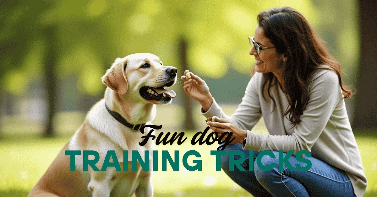 A woman training her Labrador Retriever with fun dog training tricks in a sunny park.