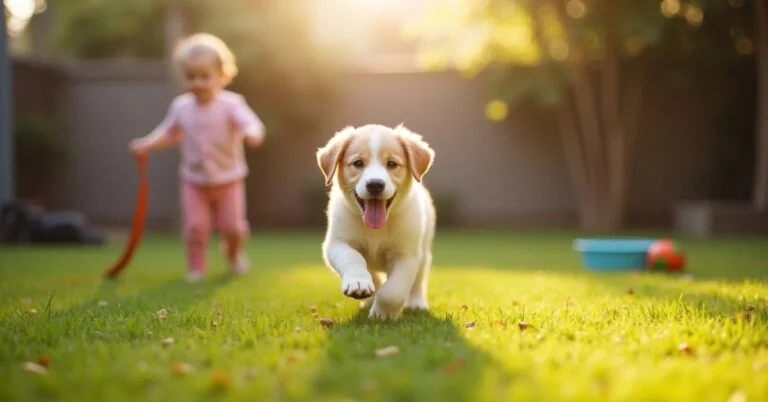 How much exercise does a puppy need? This image shows a healthy puppy playing safely in a grassy yard with age-appropriate toys and supervision.