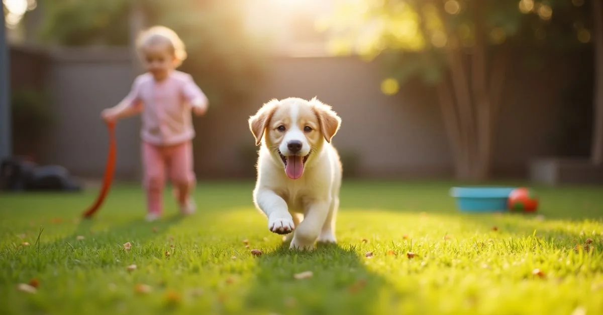 How much exercise does a puppy need? This image shows a healthy puppy playing safely in a grassy yard with age-appropriate toys and supervision.