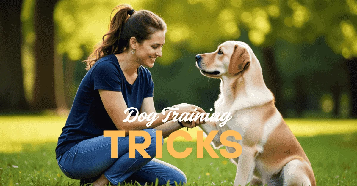 A woman in her early 30s is teaching her yellow Labrador Retriever dog training tricks in a sunny park, gently holding its paw as they share a moment of focused connection and trust.