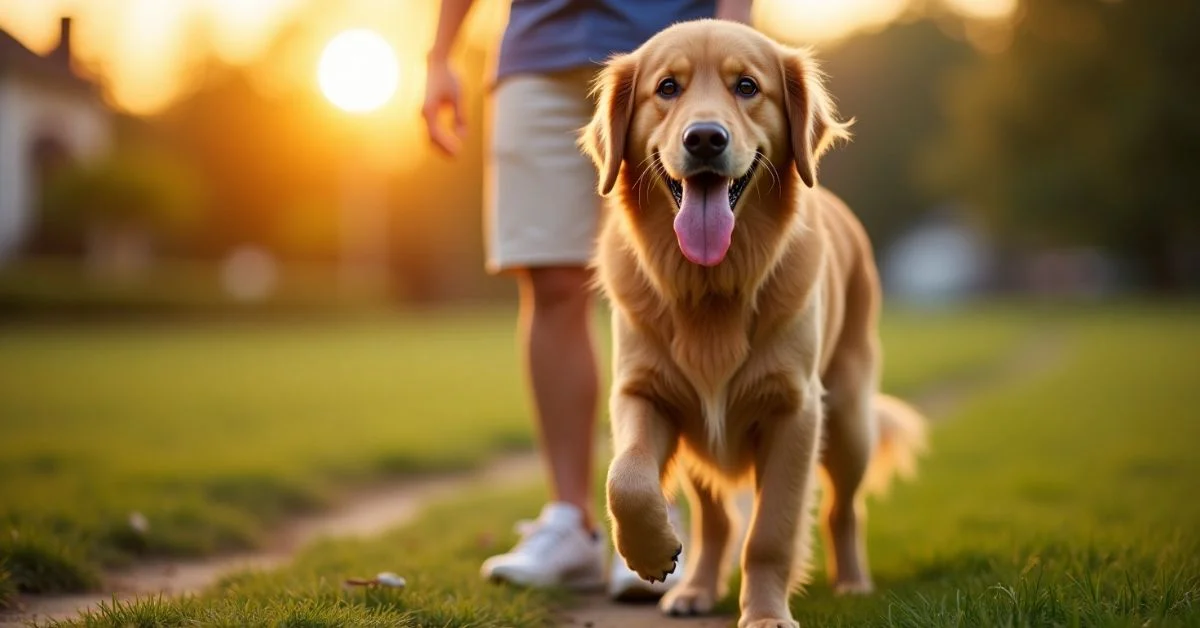 Golden retriever enjoying a walk with healthy, well-groomed paws – ideal example of proper dog paw care.