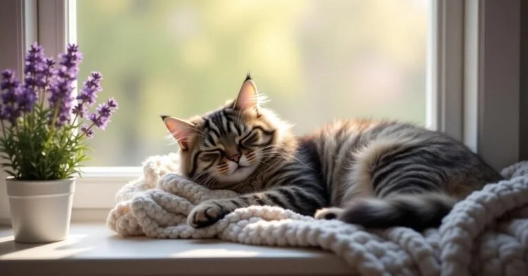 Calm a stressed cat naturally by creating a cozy, safe indoor space with soft blankets and calming scents like lavender.