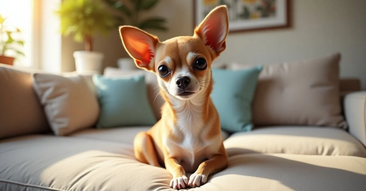 Chihuahua dog sitting on a cozy couch in a warm living room, showcasing alert ears, shiny coat, and expressive eyes in a loving home environment.