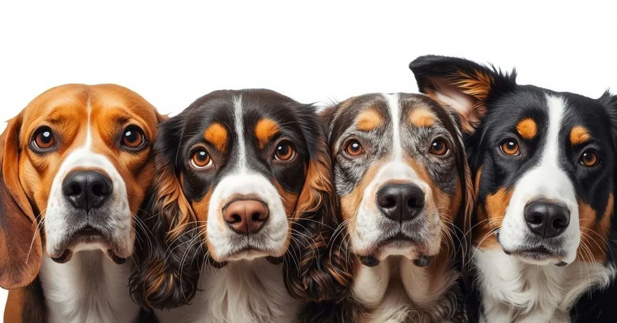 cute close-up faces of medium sized dog breeds looking into camera