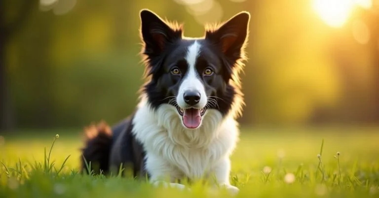 Border Collie dog sitting in a green meadow captured with DSLR detail.