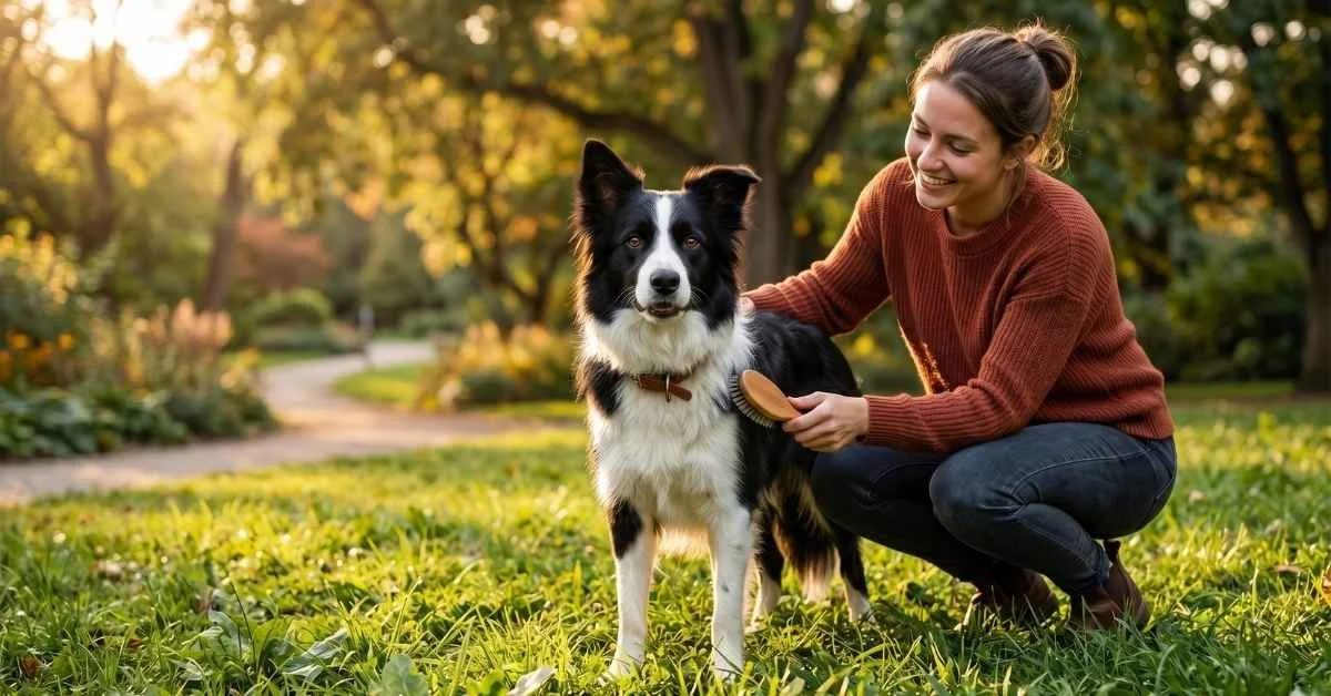 Border Collie dog care featured image showing a healthy black and white Border Collie being groomed by its owner in a green outdoor park during golden hour. Photorealistic pet care lifestyle scene for dog training, grooming, health, and Border Collie care articles.