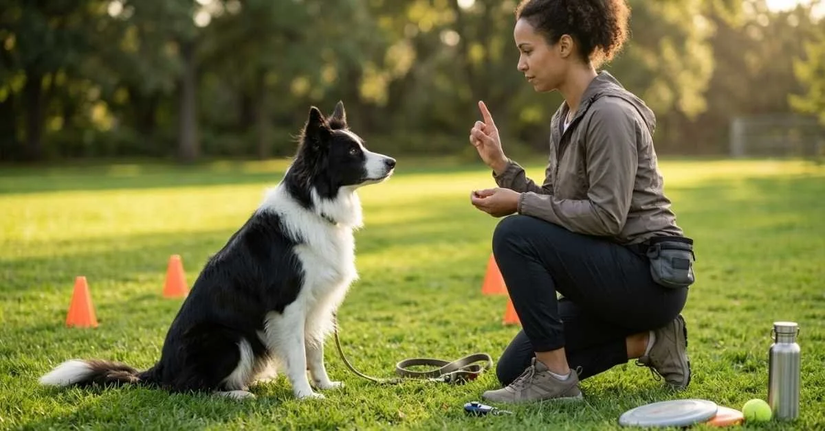 Border collie training in a park with professional trainer using positive reinforcement during obedience session