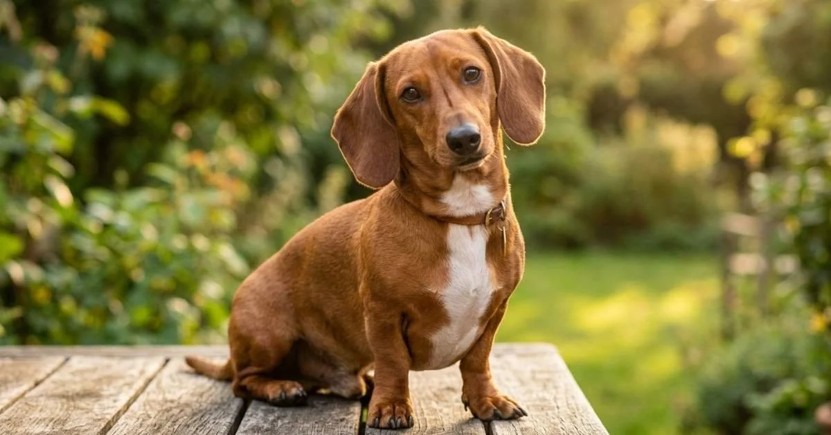A red-tan smooth-coat Dachshund sitting upright on a wooden surface in golden-hour sunlight, showcasing the breed's long body, short legs, and alert expression.