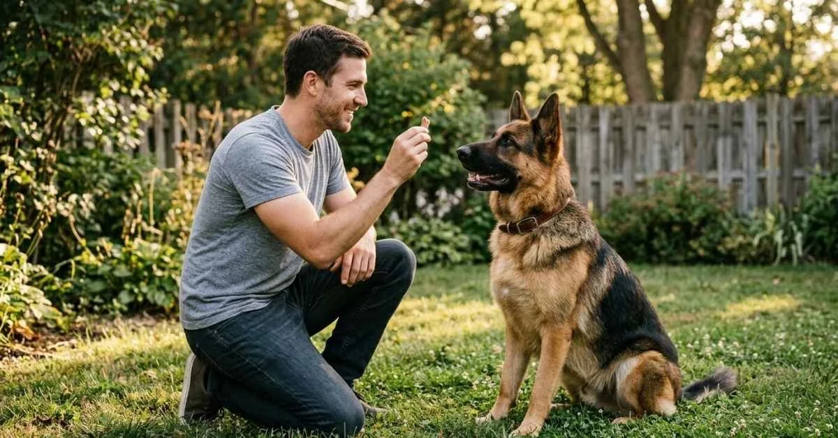 German Shepherd training tips for rewarding obedient sit command outdoors