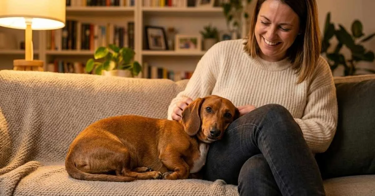 A Dachshund curled up contentedly beside its owner on a sofa in a cozy apartment, illustrating how well the breed adapts to home living with the right owner match.
