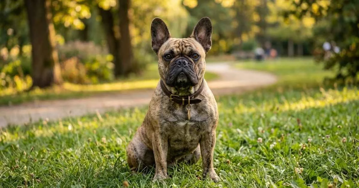 French Bulldog Breed sitting naturally on green grass in a sunny park